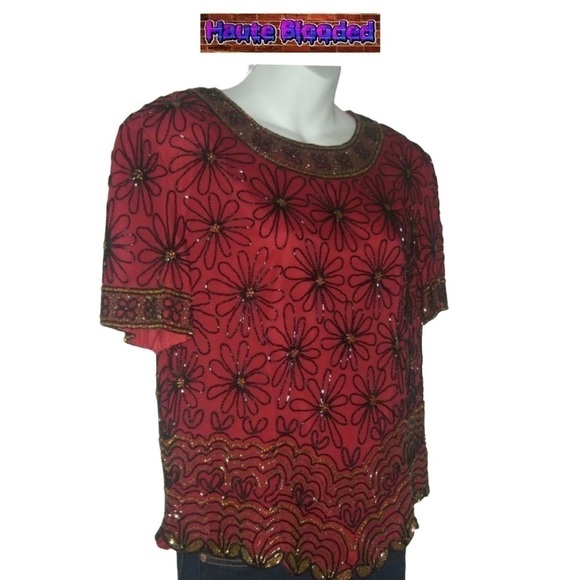 Vintage Adrianna Papell Boutique Red Silk Blouse Beaded Floral Flapper 20's VTG - Picture 2 of 11